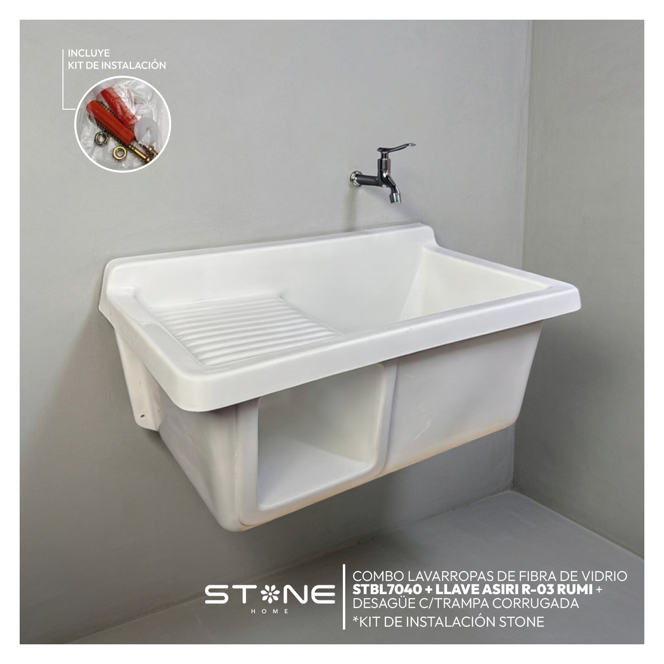 COMBO LAVARROPAS DE FIBRA DE VIDRIO STBL7040 BLANCO + LLAVE ASIRI R-03 RUMI - 1