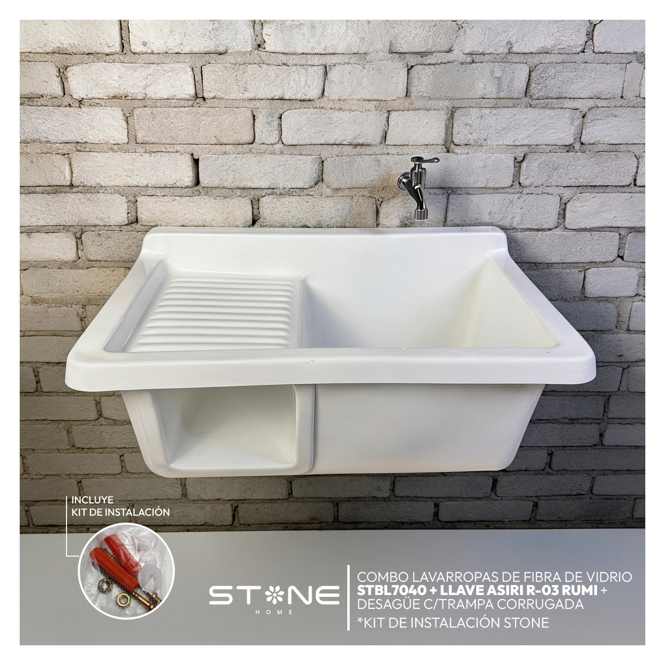 COMBO LAVARROPAS DE FIBRA DE VIDRIO STBL7040 BLANCO + LLAVE ASIRI R-03 RUMI - 2