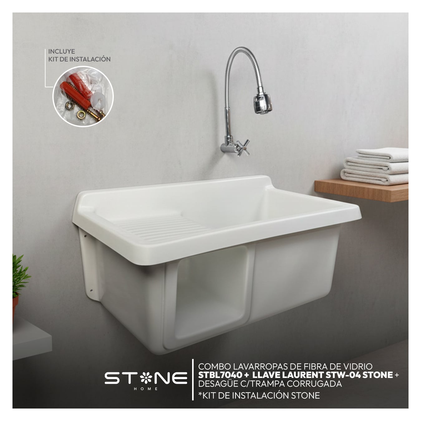 COMBO LAVARROPAS DE FIBRA DE VIDRIO STBL7040 BLANCO + LLAVE LAURENT STW-04 - 1