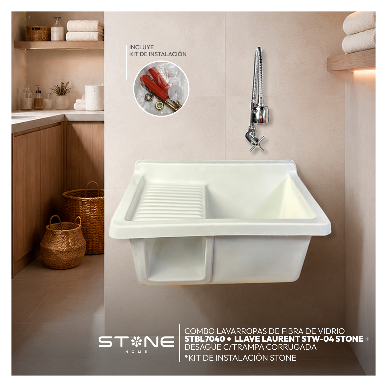 COMBO LAVARROPAS DE FIBRA DE VIDRIO STBL7040 BLANCO + LLAVE LAURENT STW-04 - 2