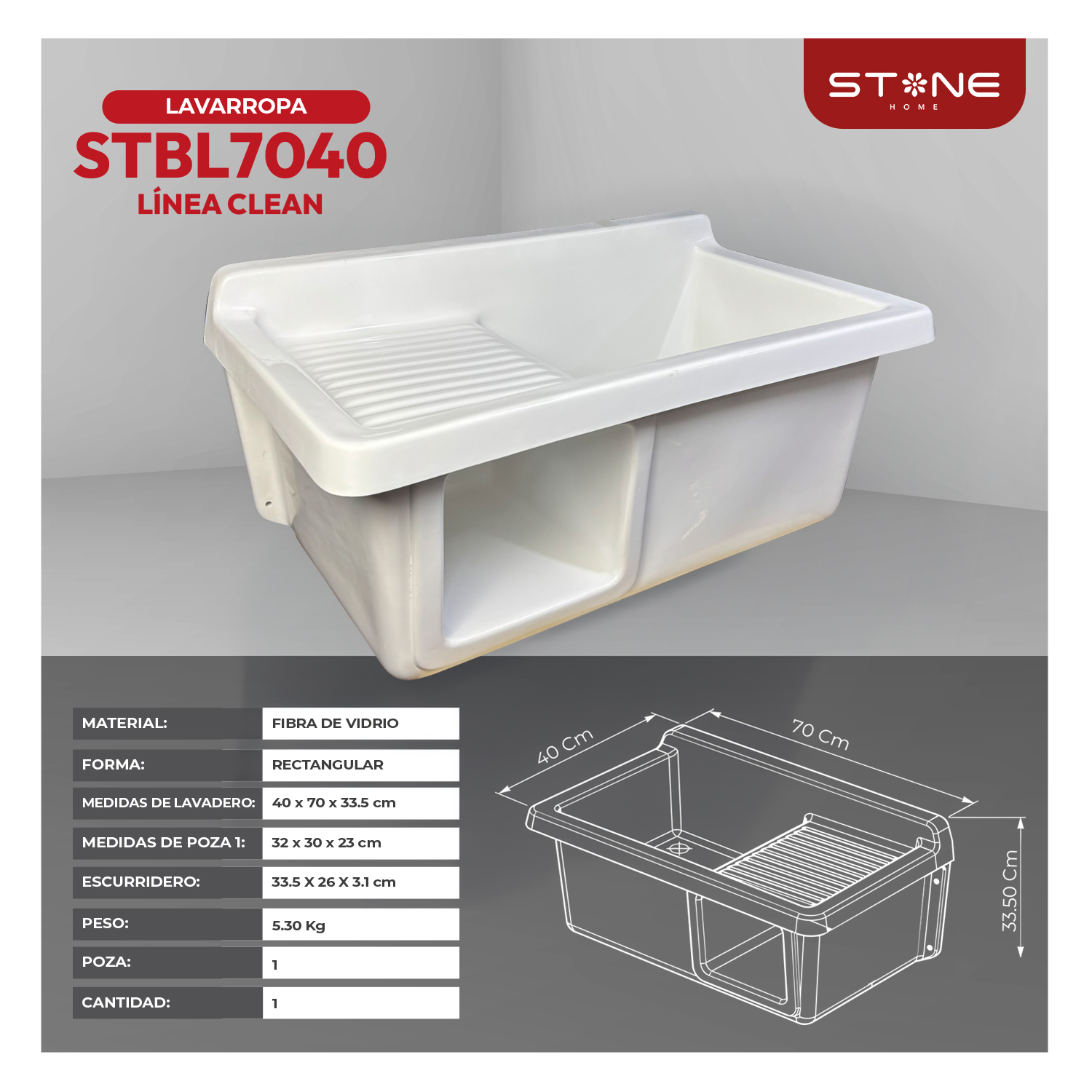 COMBO LAVARROPAS DE FIBRA DE VIDRIO STBL7040 BLANCO + LLAVE LAURENT STW-04 - 3