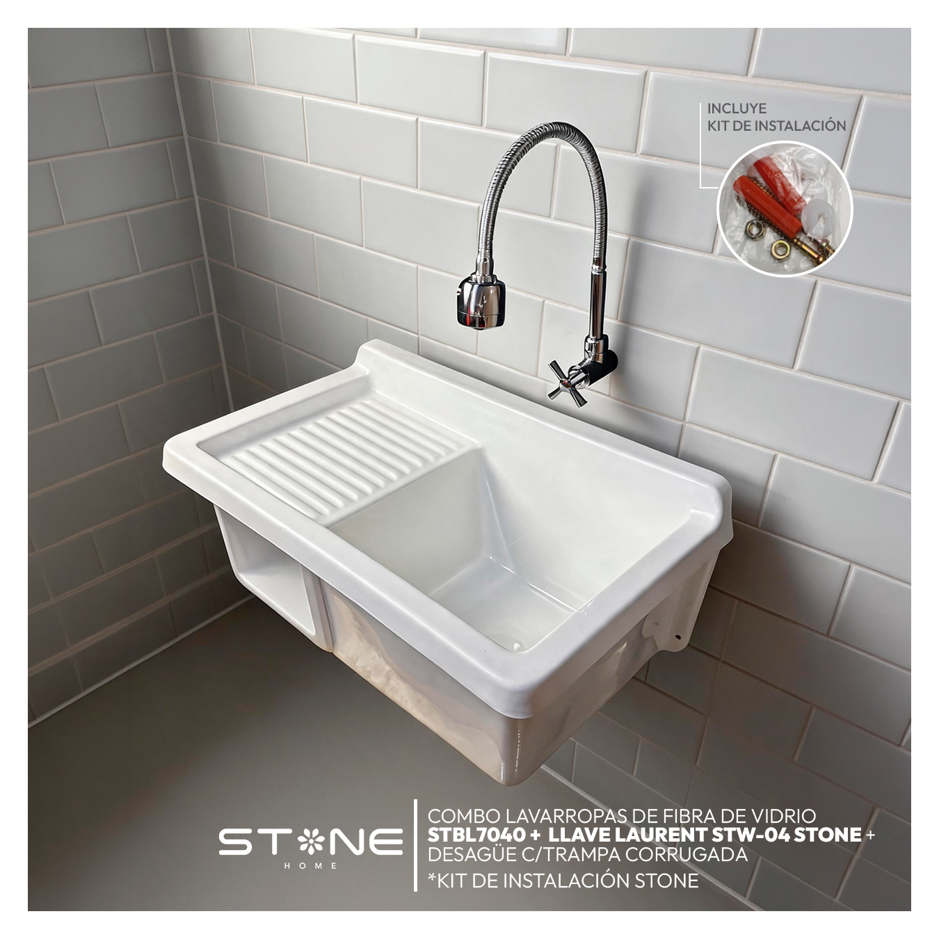 COMBO LAVARROPAS DE FIBRA DE VIDRIO STBL7040 BLANCO + LLAVE LAURENT STW-04 - 5