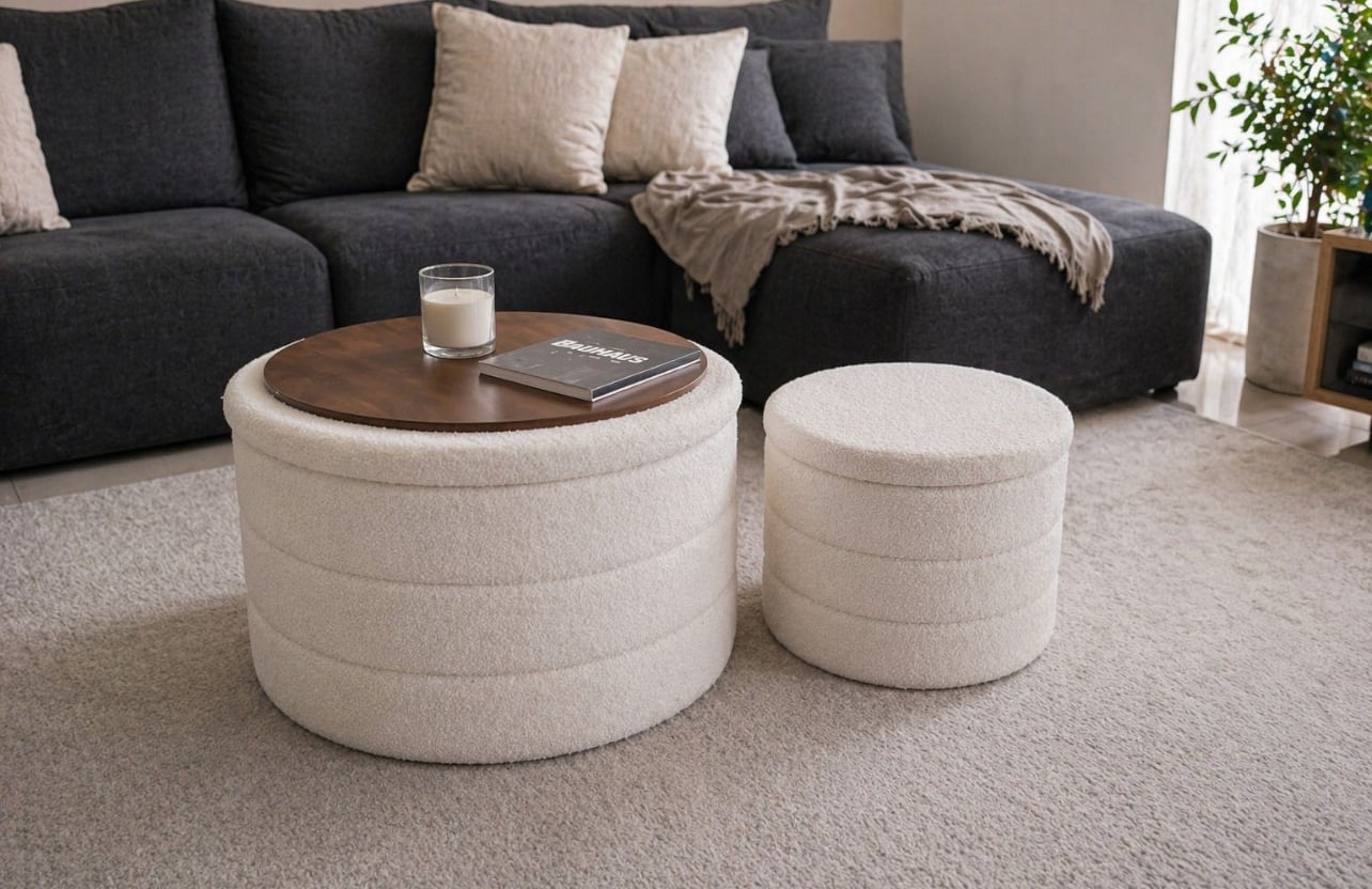 SET 2 PUFF MESA DE CENTRO BEIGE BOUCLÉ MODERNO CON ALMACENAMIENTO - 1