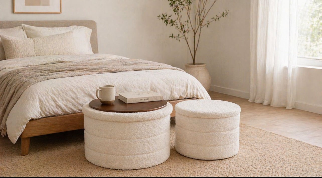 SET 2 PUFF MESA DE CENTRO BEIGE BOUCLÉ MODERNO CON ALMACENAMIENTO - 2