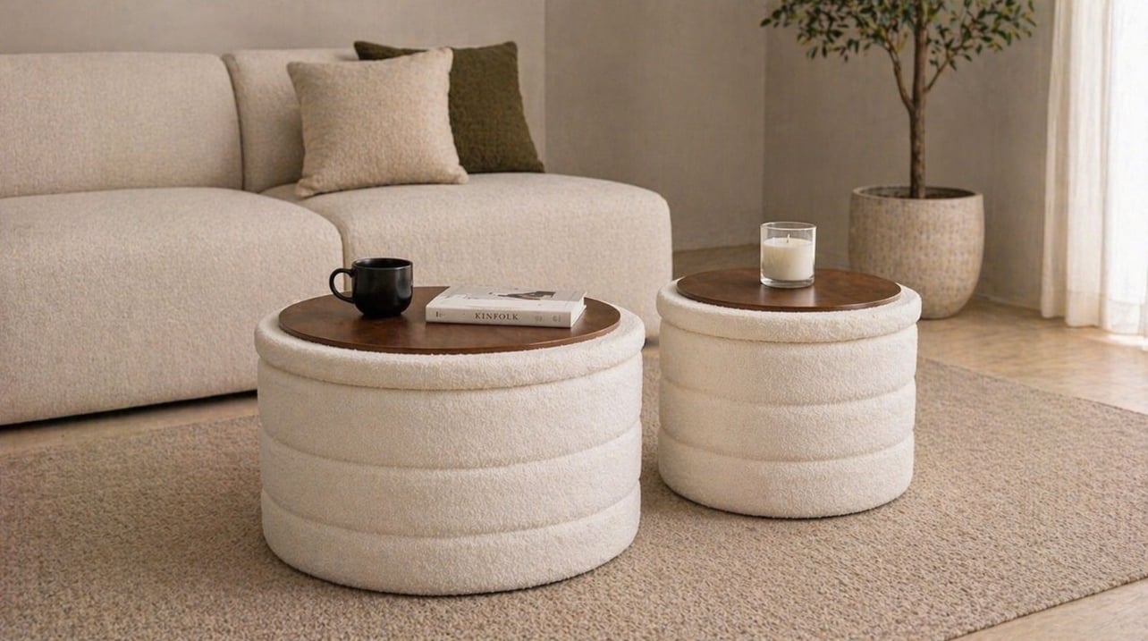SET 2 PUFF MESA DE CENTRO BEIGE BOUCLÉ MODERNO CON ALMACENAMIENTO - 3