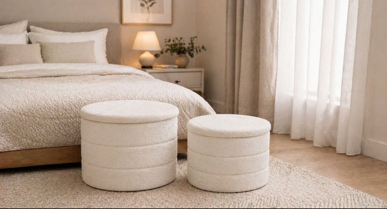 SET 2 PUFF MESA DE CENTRO BEIGE BOUCLÉ MODERNO CON ALMACENAMIENTO - 4