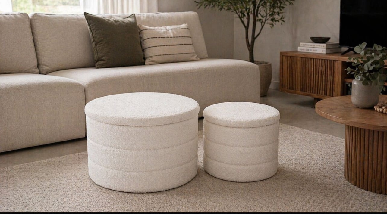 SET 2 PUFF MESA DE CENTRO BEIGE BOUCLÉ MODERNO CON ALMACENAMIENTO - 5