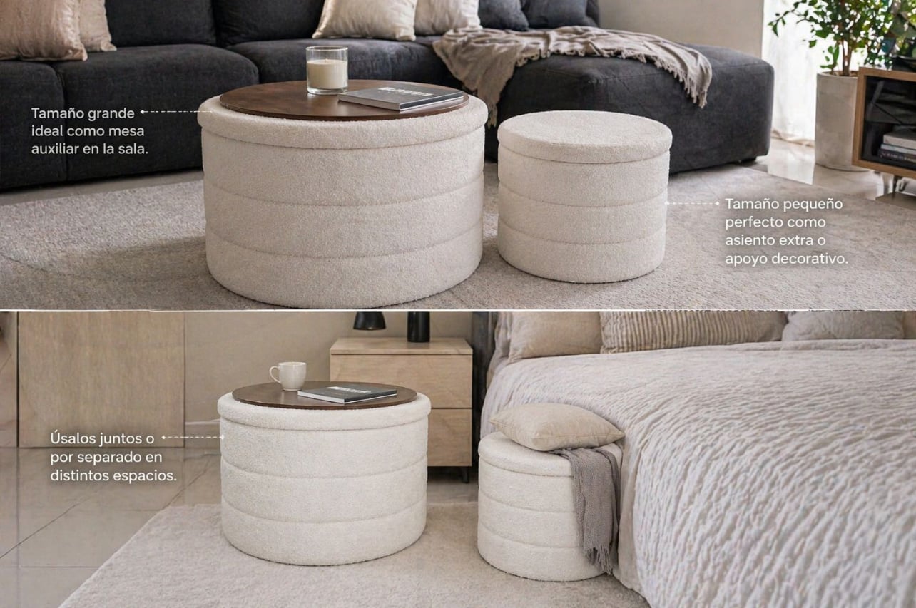 SET 2 PUFF MESA DE CENTRO BEIGE BOUCLÉ MODERNO CON ALMACENAMIENTO - 6