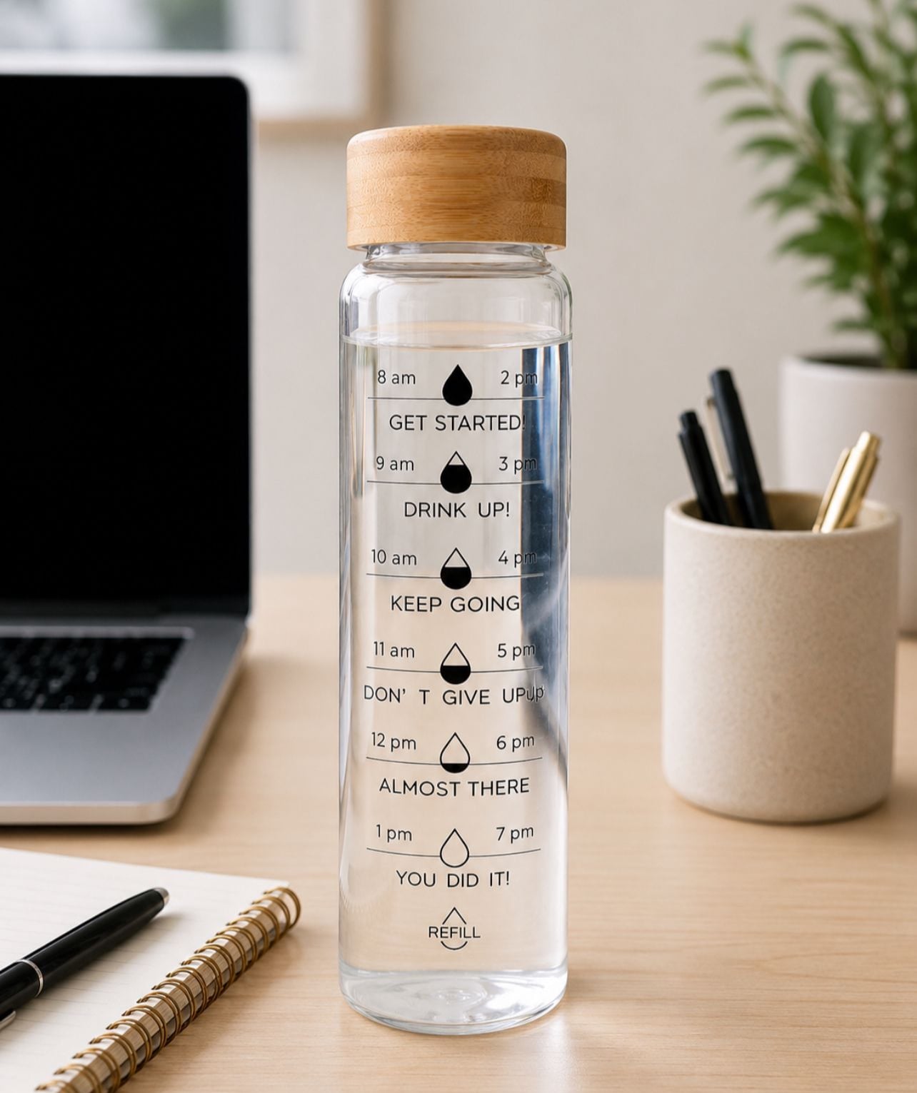 TOMATODO MOTIVACIONAL DE VIDRIO BOROSILICATO 1L CON TAPA DE BAMBÚ - 1