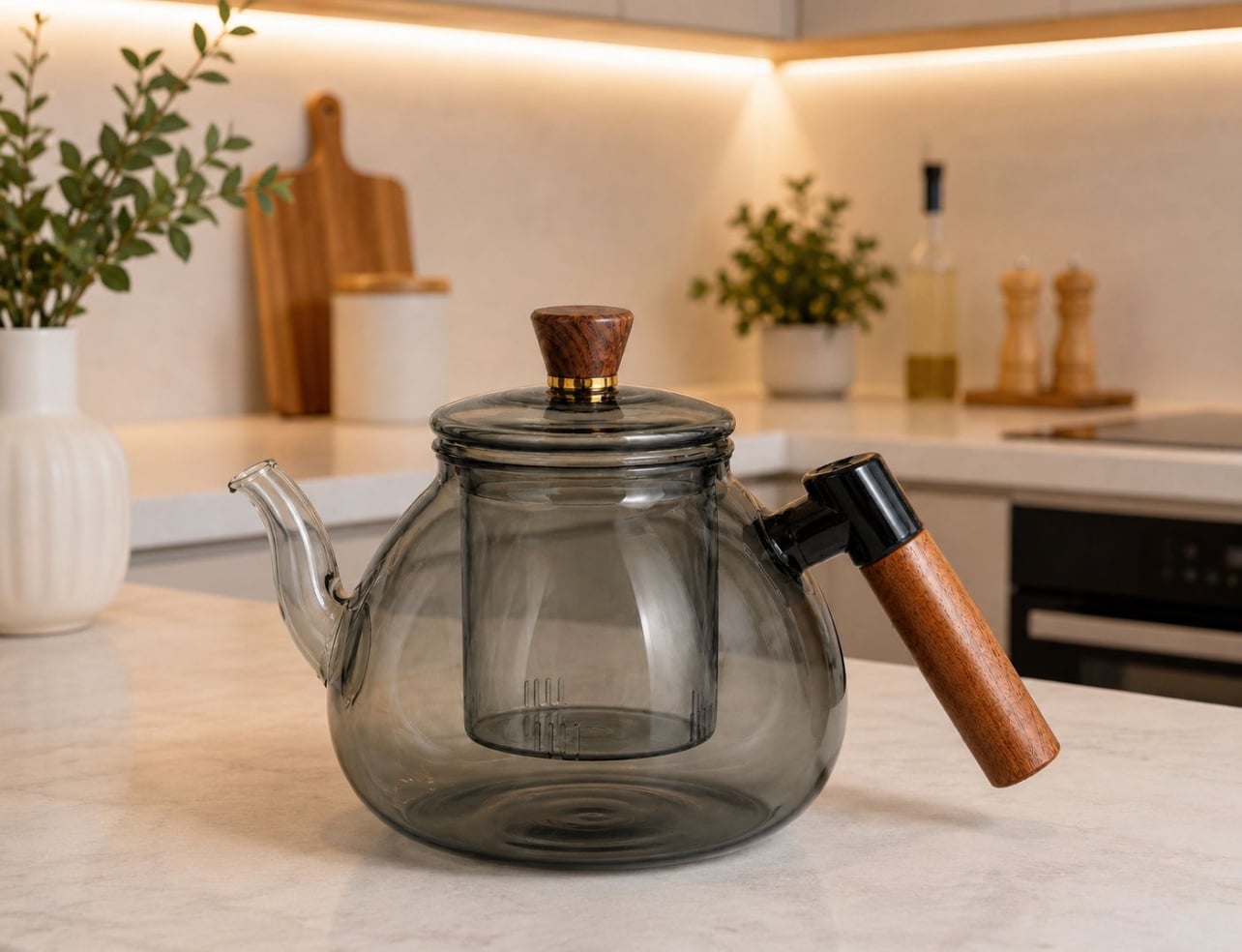 TETERA DE VIDRIO BOROSILICATO AHUMADO 1400ML CON INFUSOR Y MANGO DE MADERA - 1