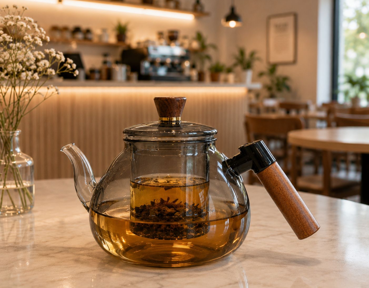 TETERA DE VIDRIO BOROSILICATO AHUMADO 1400ML CON INFUSOR Y MANGO DE MADERA - 2