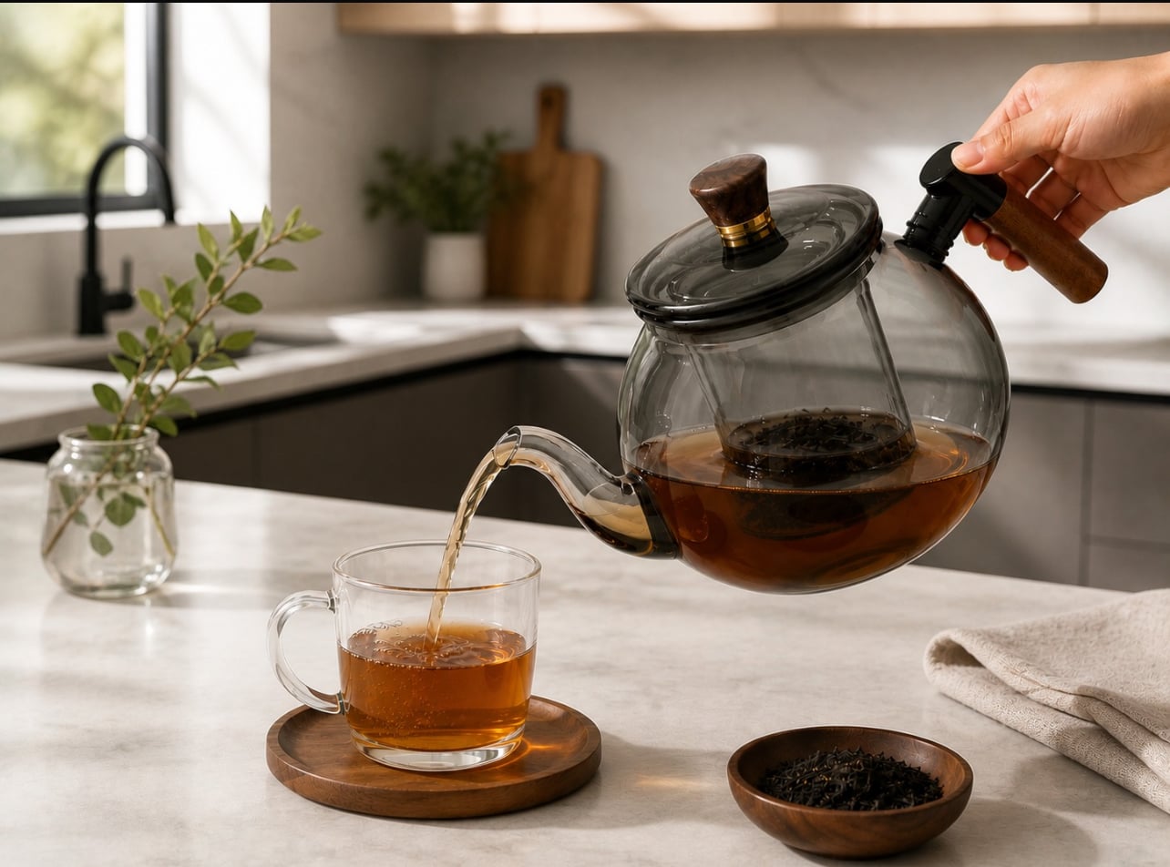 TETERA DE VIDRIO BOROSILICATO AHUMADO 1400ML CON INFUSOR Y MANGO DE MADERA - 3