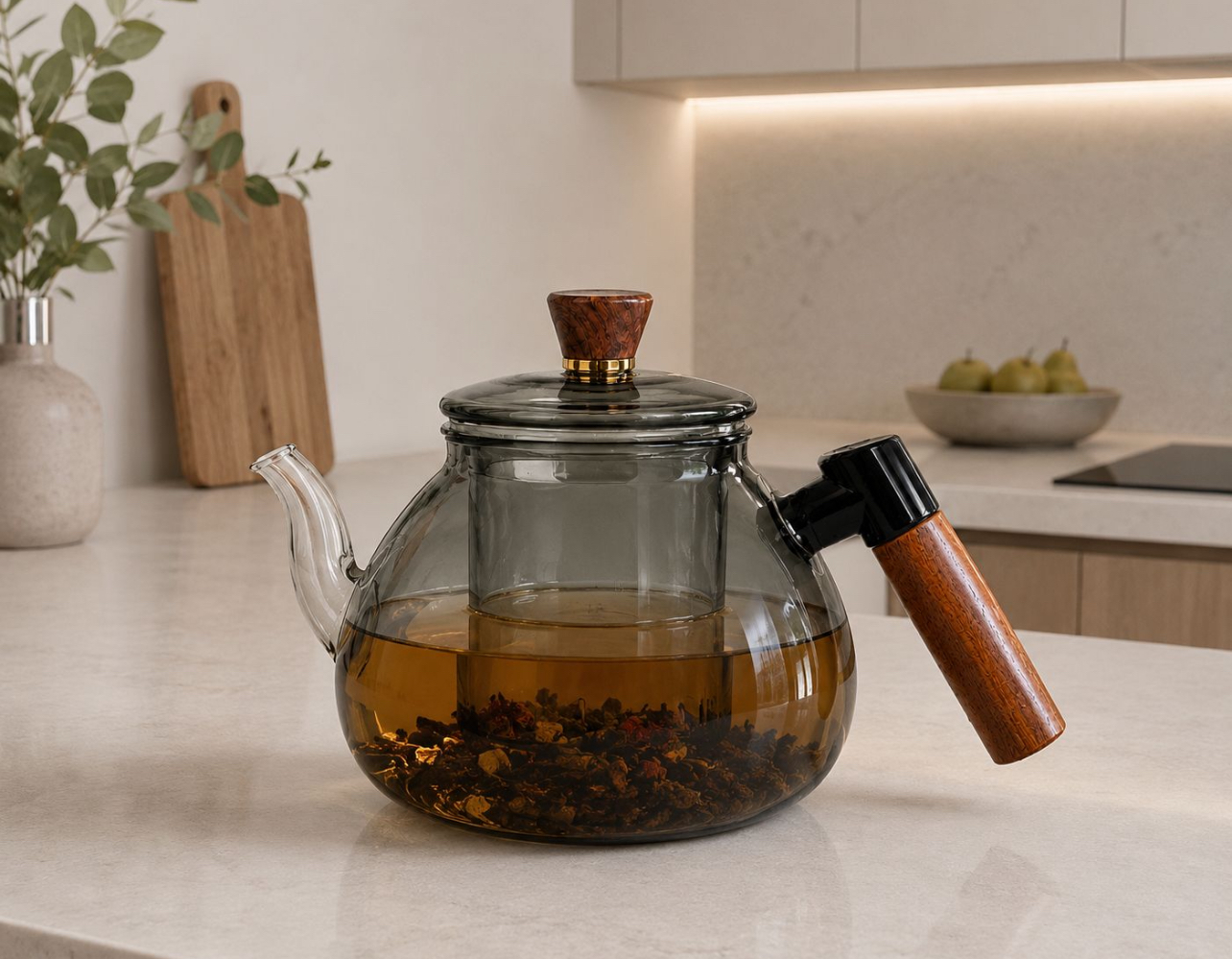 TETERA DE VIDRIO BOROSILICATO AHUMADO 1400ML CON INFUSOR Y MANGO DE MADERA - 5