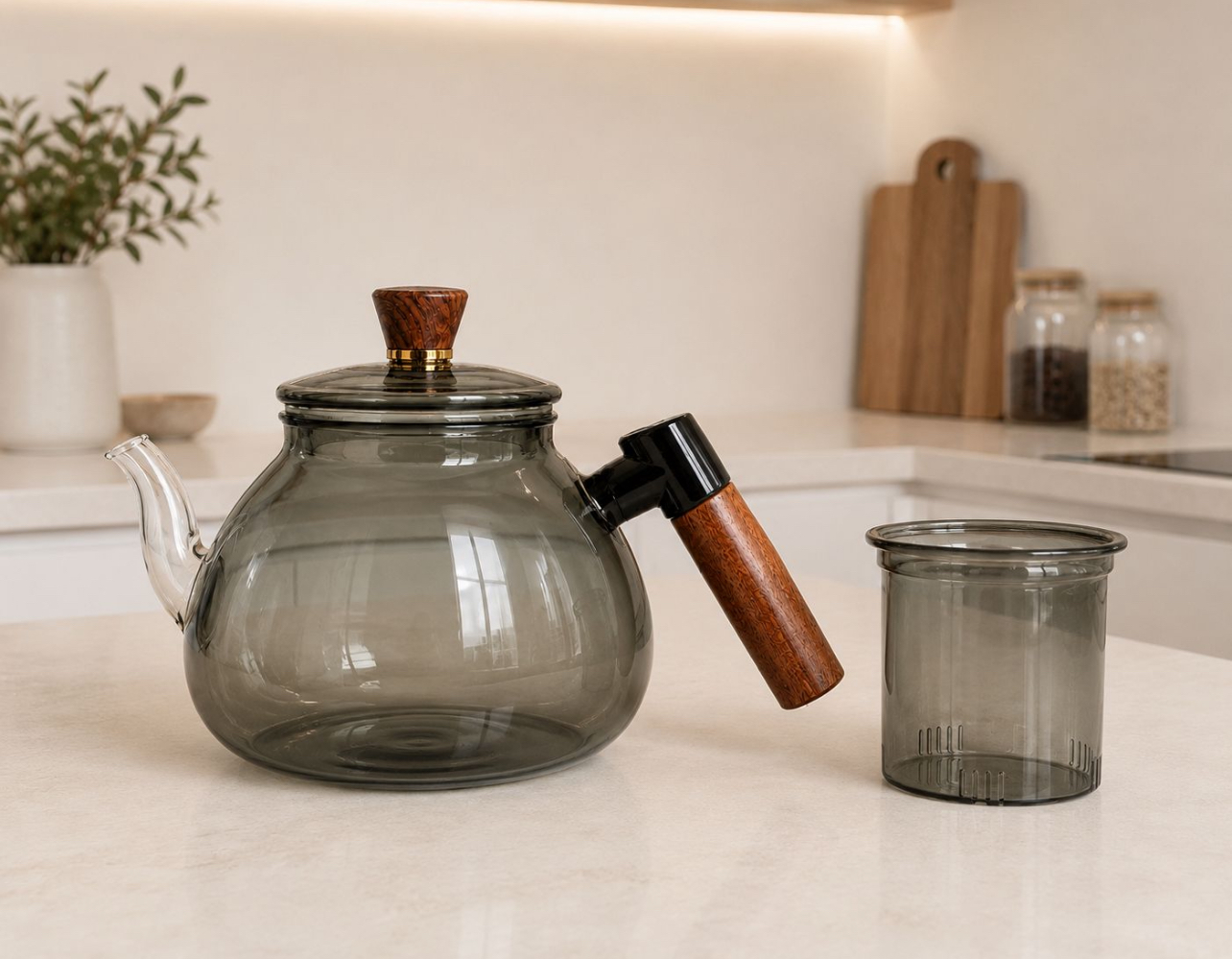 TETERA DE VIDRIO BOROSILICATO AHUMADO 1400ML CON INFUSOR Y MANGO DE MADERA - 6