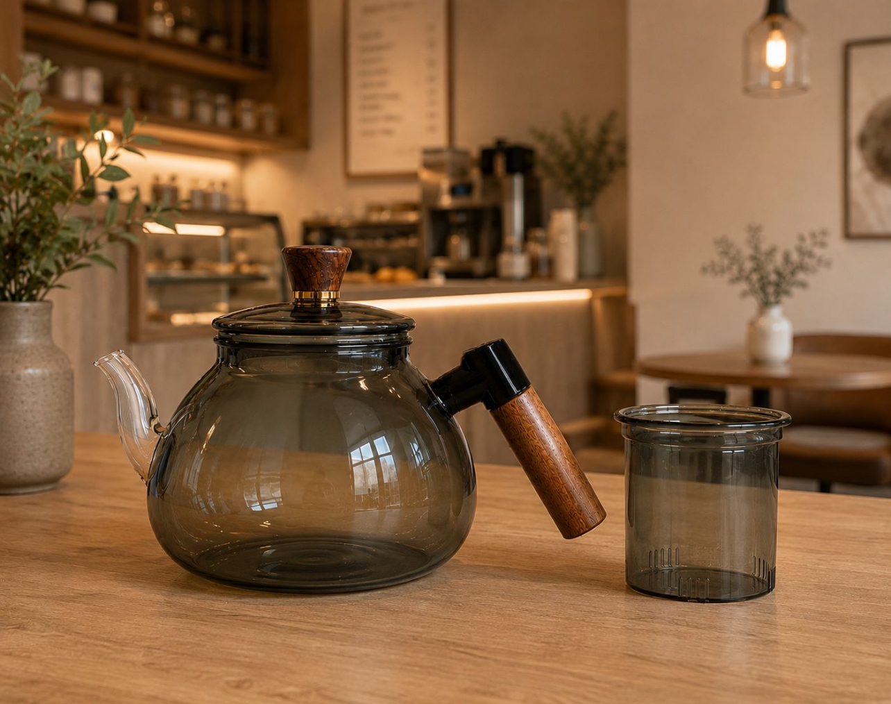 TETERA DE VIDRIO BOROSILICATO AHUMADO 1400ML CON INFUSOR Y MANGO DE MADERA - 7