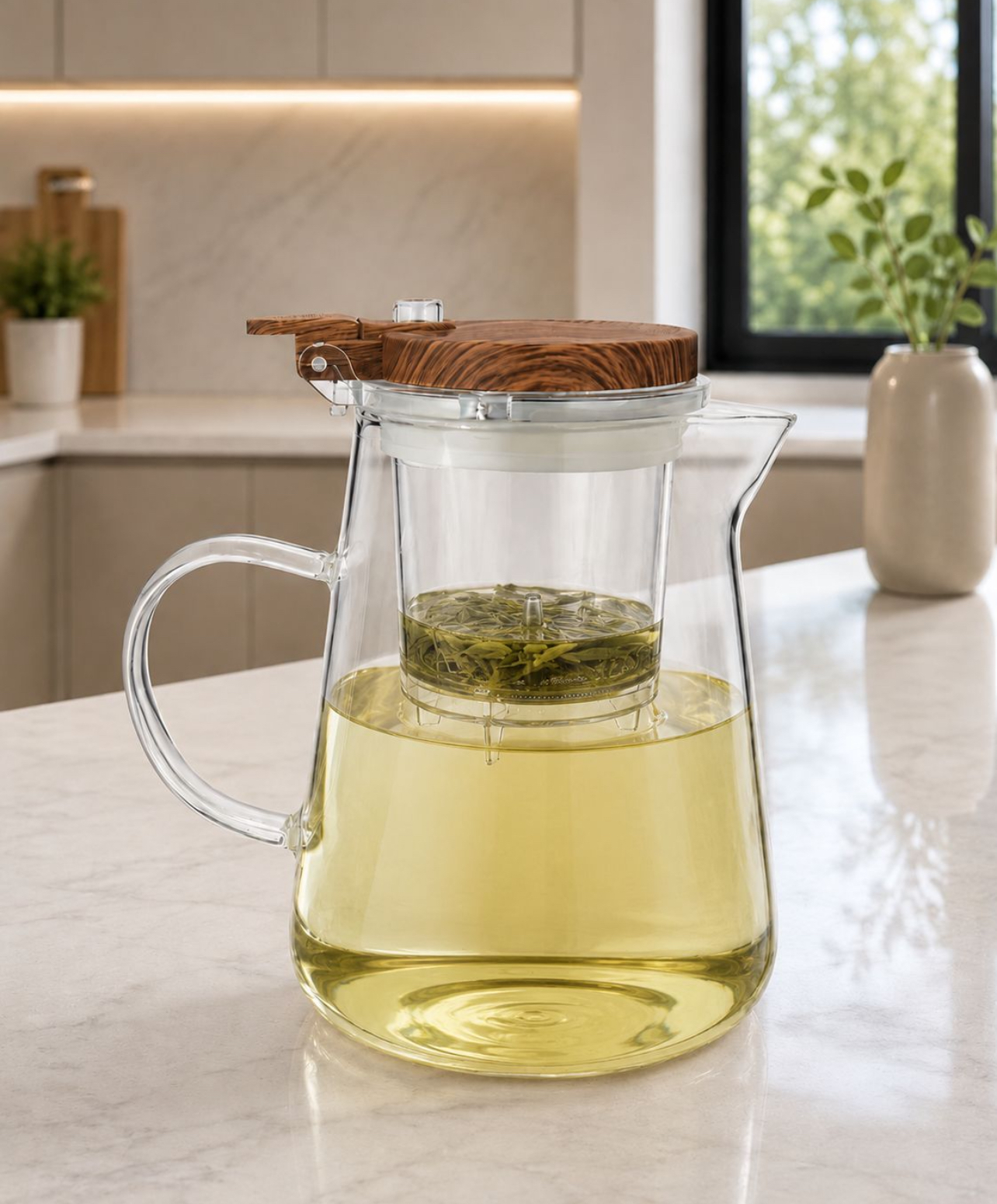 JARRA FILTRANTE DE VIDRIO BOROSILICATO 950ML CON INFUSOR Y TAPA TIPO MADERA - 1