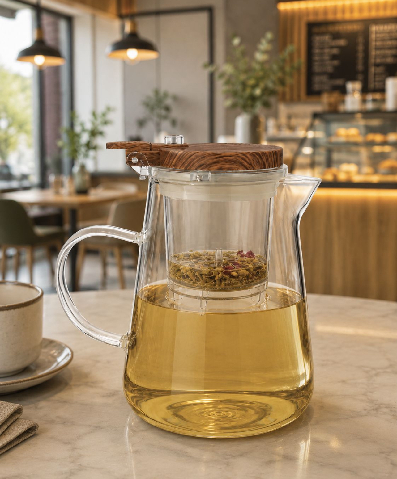 JARRA FILTRANTE DE VIDRIO BOROSILICATO 950ML CON INFUSOR Y TAPA TIPO MADERA - 2