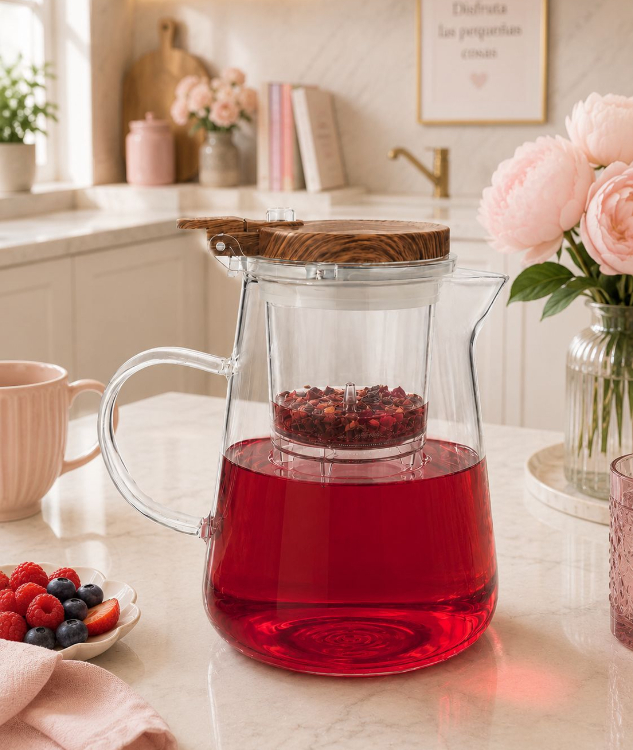 JARRA FILTRANTE DE VIDRIO BOROSILICATO 950ML CON INFUSOR Y TAPA TIPO MADERA - 3