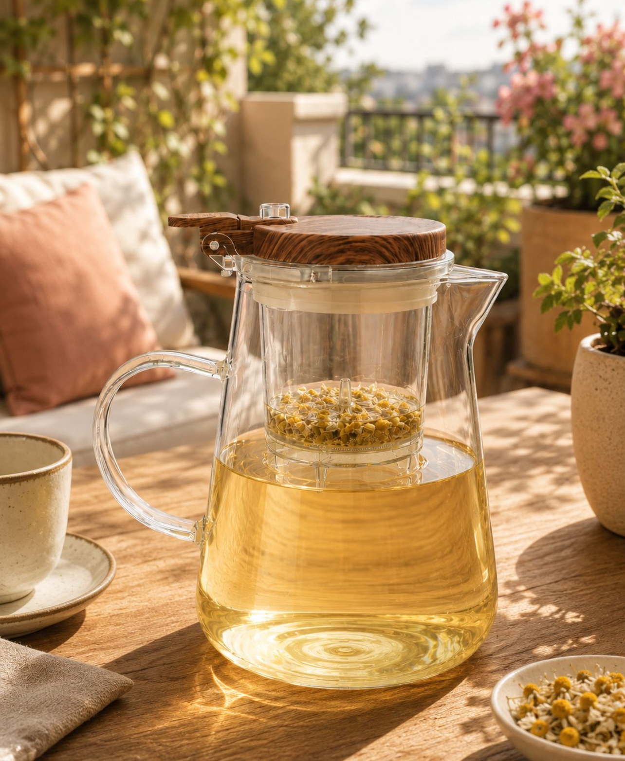 JARRA FILTRANTE DE VIDRIO BOROSILICATO 950ML CON INFUSOR Y TAPA TIPO MADERA - 4