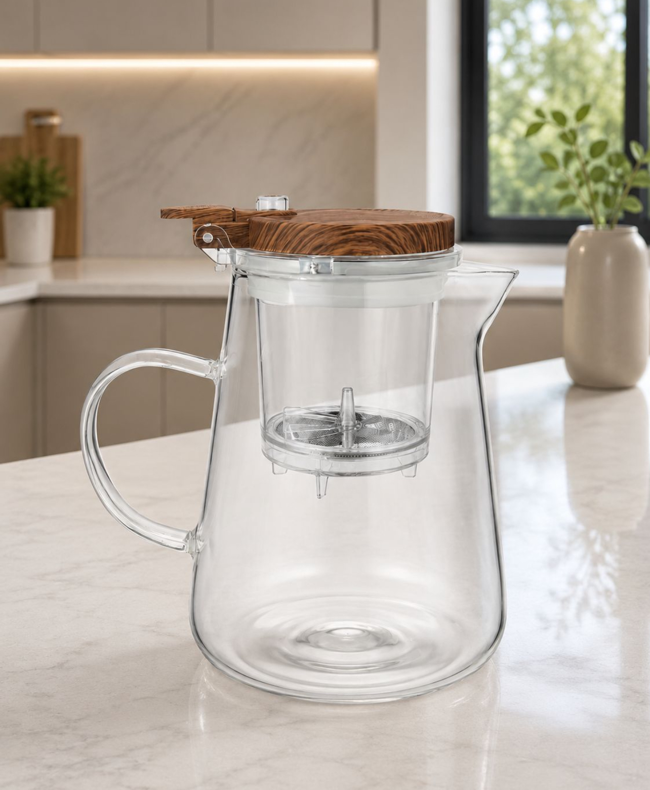 JARRA FILTRANTE DE VIDRIO BOROSILICATO 950ML CON INFUSOR Y TAPA TIPO MADERA - 5