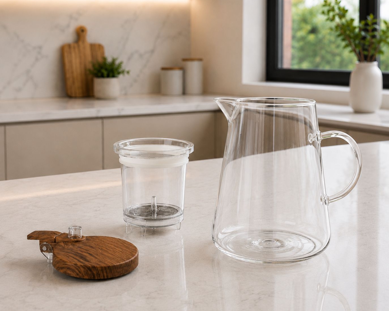 JARRA FILTRANTE DE VIDRIO BOROSILICATO 950ML CON INFUSOR Y TAPA TIPO MADERA - 7