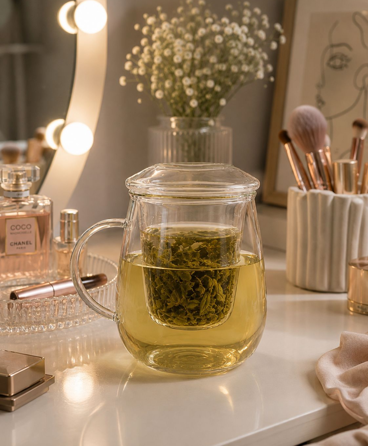TAZA INFUSORA DE VIDRIO BOROSILICATO 600ML CON FILTRO Y TAPA PARA TÉ E INFUSIONES - 1