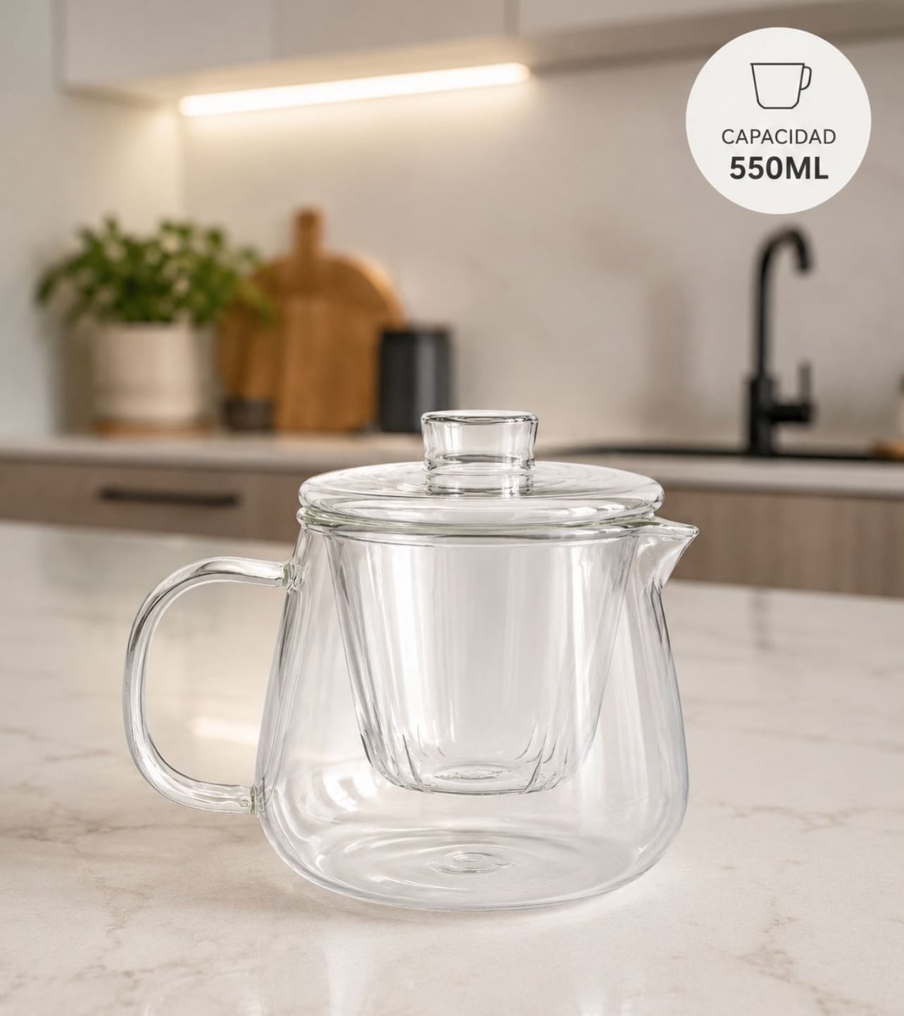 TETERA INFUSORA DE VIDRIO BOROSILICATO 550ML CON FILTRO Y TAPA - 4