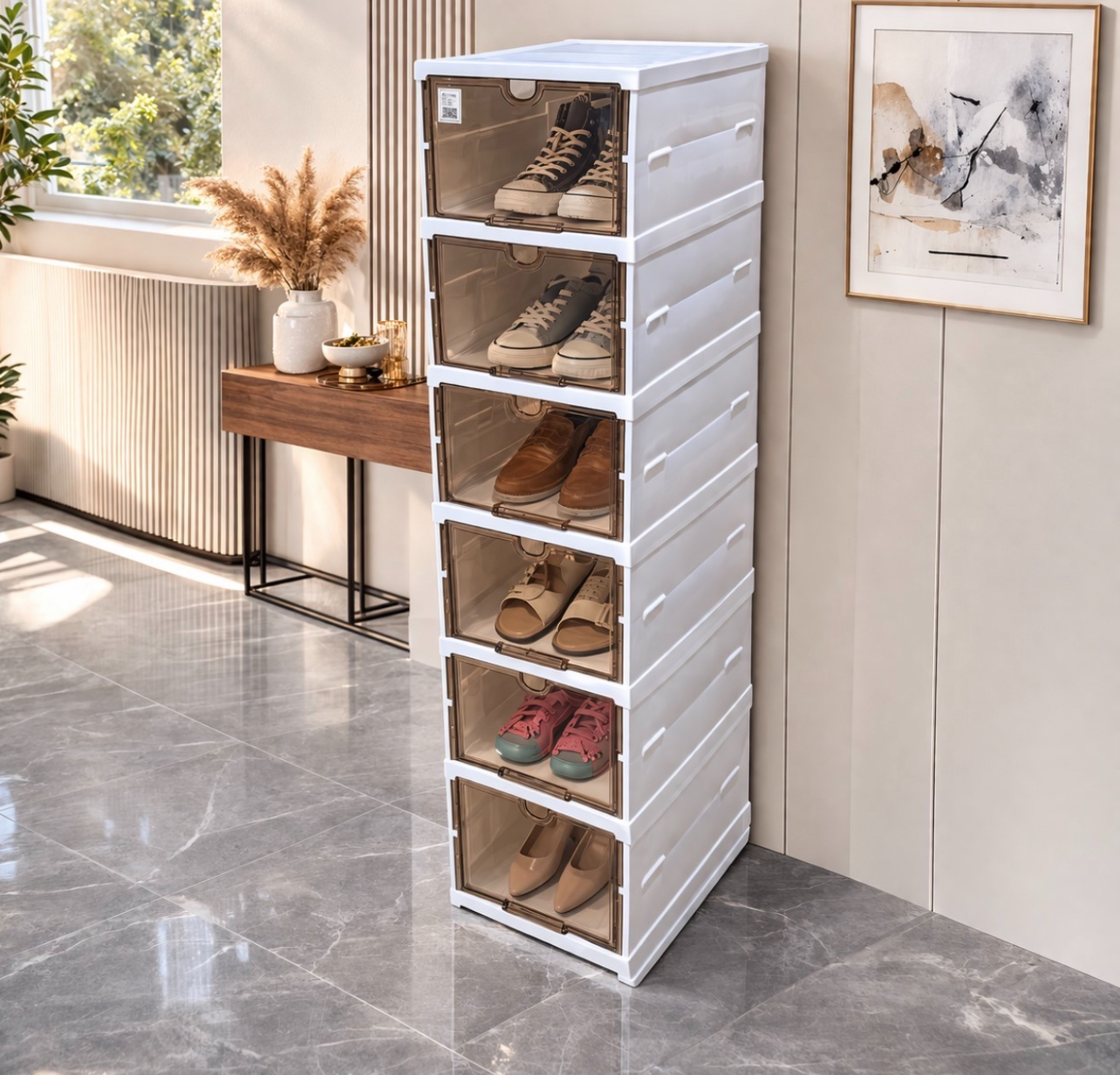ORGANIZADOR DE ZAPATOS 6 NIVELES PET APILABLE CON PUERTAS TRANSPARENTES 26X105X35CM - 1