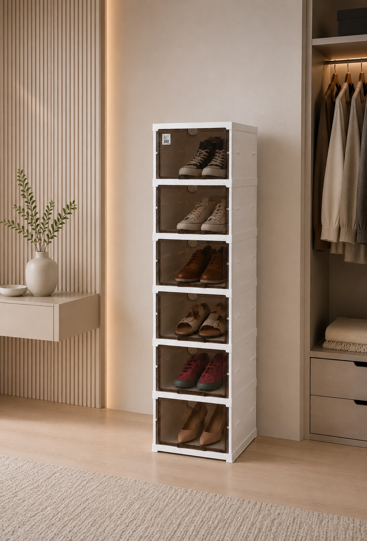 ORGANIZADOR DE ZAPATOS 6 NIVELES PET APILABLE CON PUERTAS TRANSPARENTES 26X105X35CM - 4