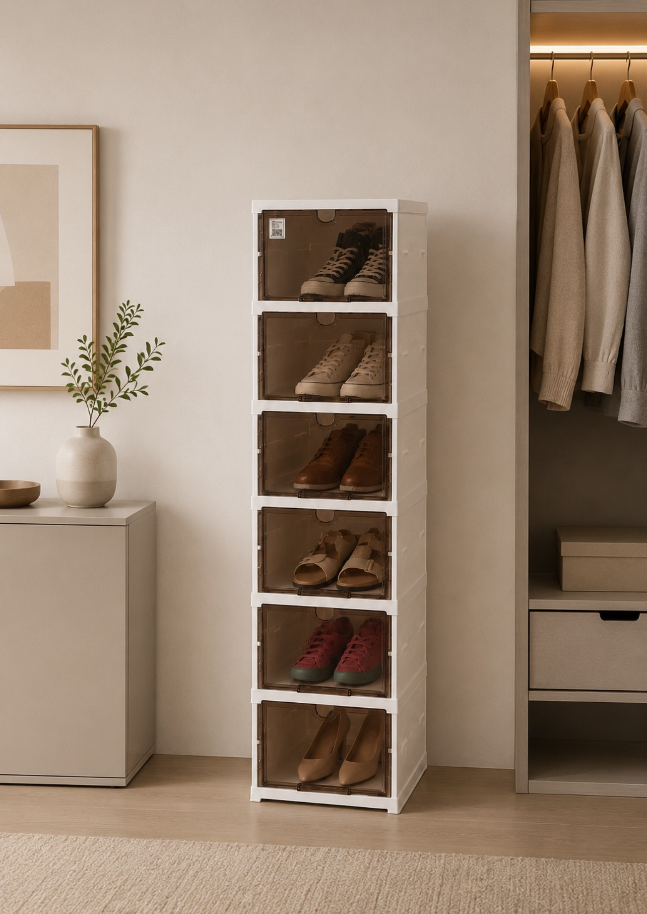 ORGANIZADOR DE ZAPATOS 6 NIVELES PET APILABLE CON PUERTAS TRANSPARENTES 26X105X35CM - 5