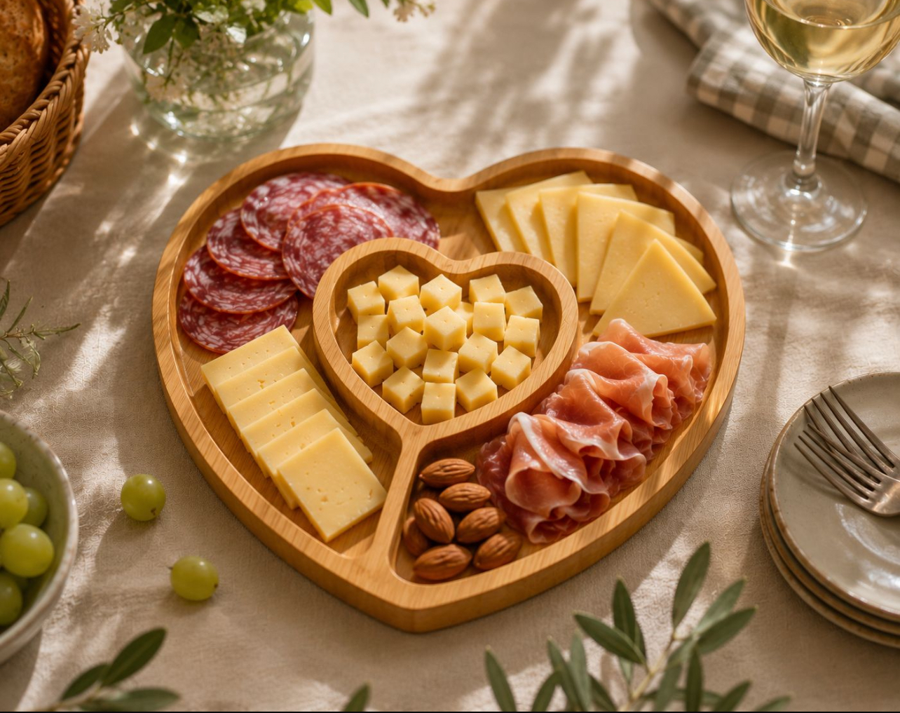 TABLA DE QUESOS GIRATORIA CORAZÓN DE BAMBÚ CON DIVISIONES - 5