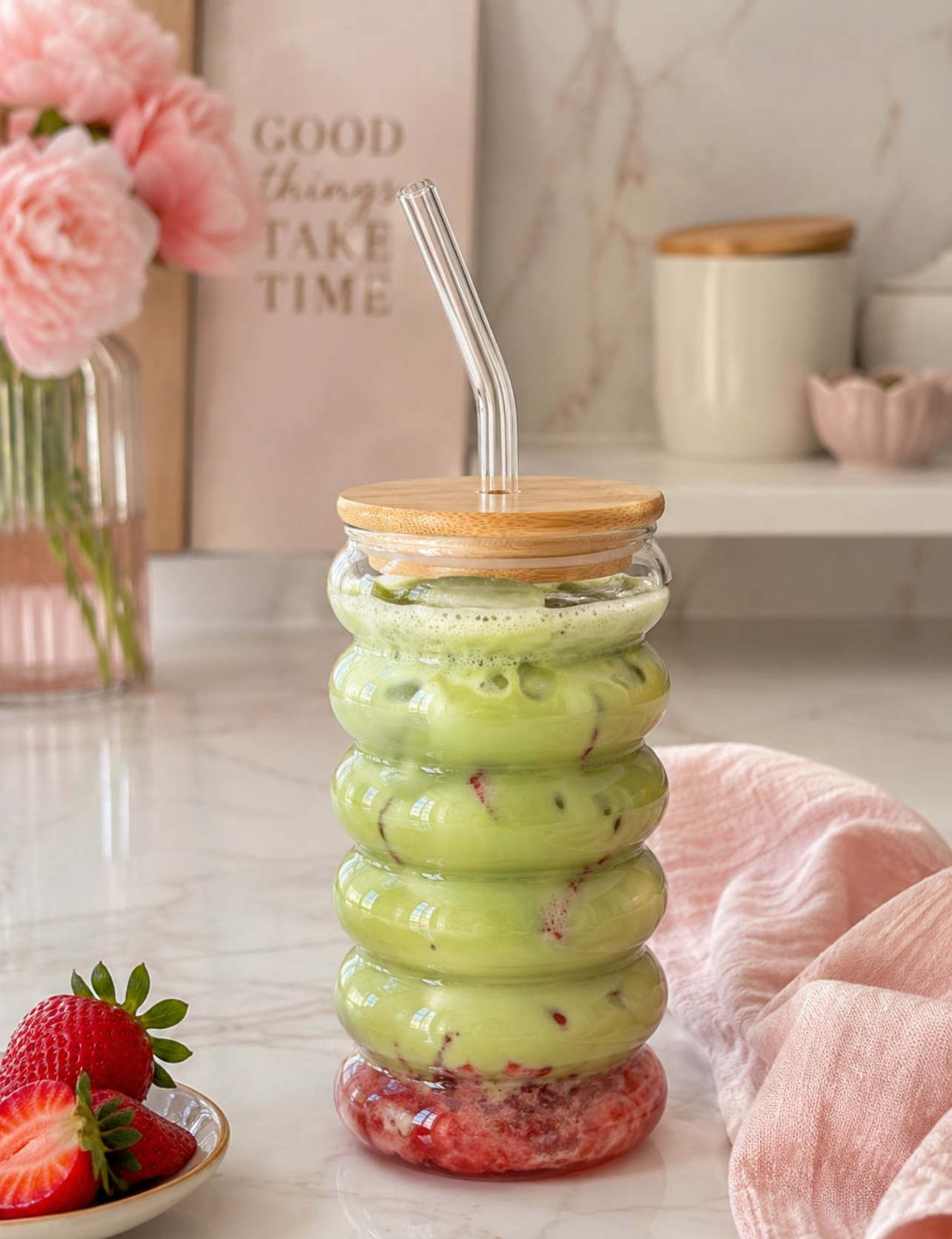 VASO ONDULADO DE VIDRIO BOROSILICATO 400ML CON TAPA DE BAMBÚ Y SORBETE REUTILIZABLE AESTHETIC MODERNO - 2