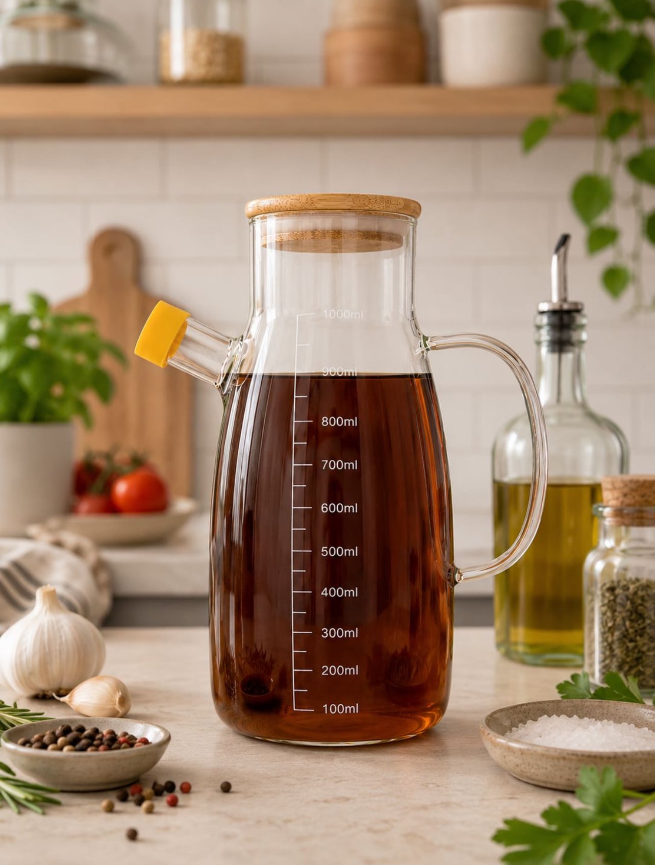 ACEITERA DE VIDRIO BOROSILICATO 1L CON TAPA DE BAMBÚ - 2