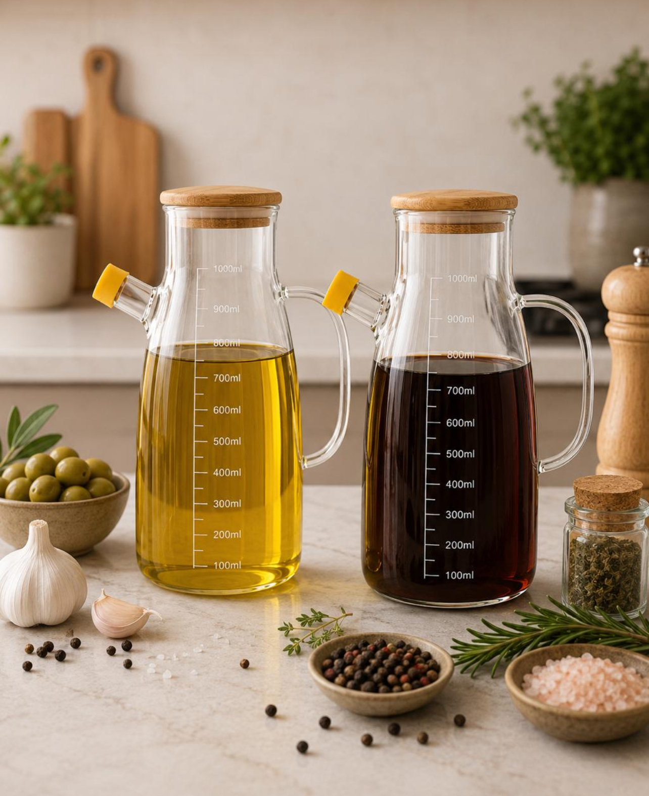 ACEITERA DE VIDRIO BOROSILICATO 1L CON TAPA DE BAMBÚ - 3