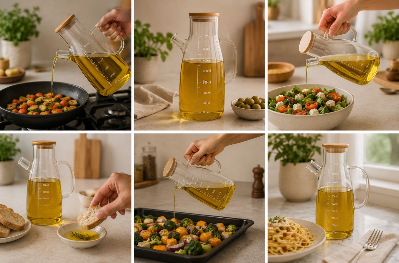 ACEITERA DE VIDRIO BOROSILICATO 1L CON TAPA DE BAMBÚ - 6
