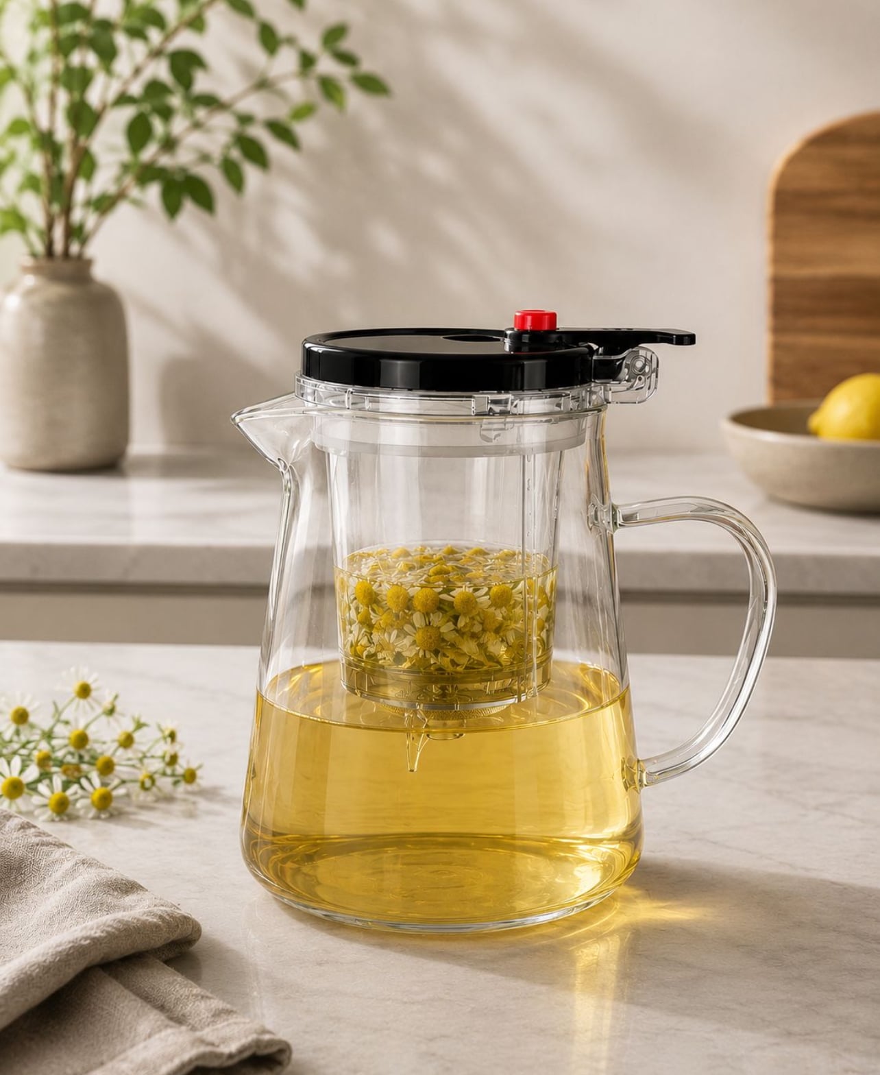 JARRA INFUSORA DE VIDRIO BOROSILICATO 720ML CON FILTRO Y TAPA HERMÉTICA PARA TÉ E INFUSIONES - 1