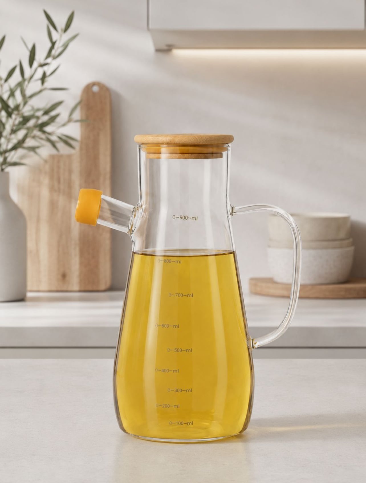 ACEITERA DE VIDRIO BOROSILICATO 900ML CON TAPA DE BAMBÚ Y PICO ANTIDERRAME - 1