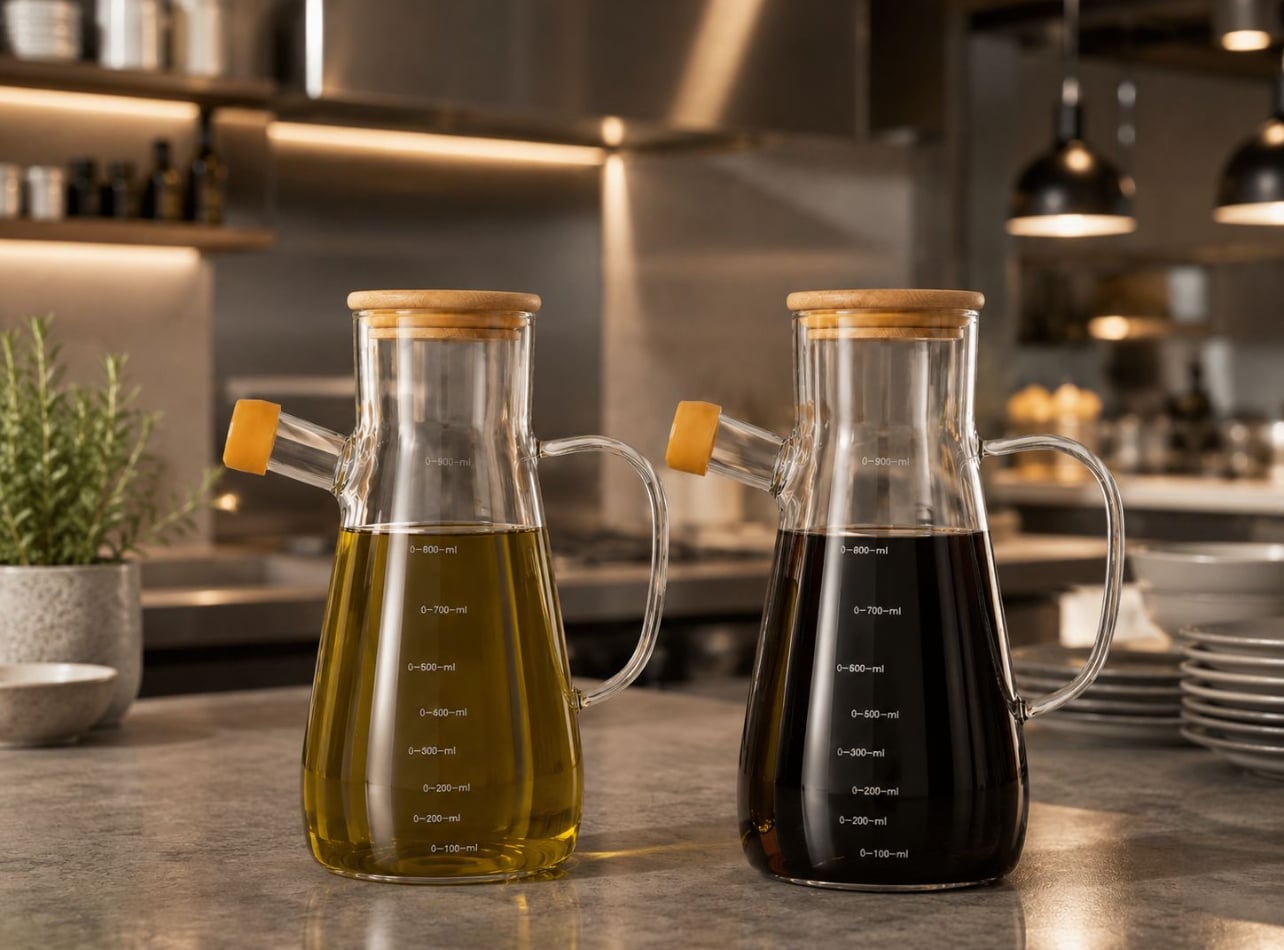 ACEITERA DE VIDRIO BOROSILICATO 900ML CON TAPA DE BAMBÚ Y PICO ANTIDERRAME - 3