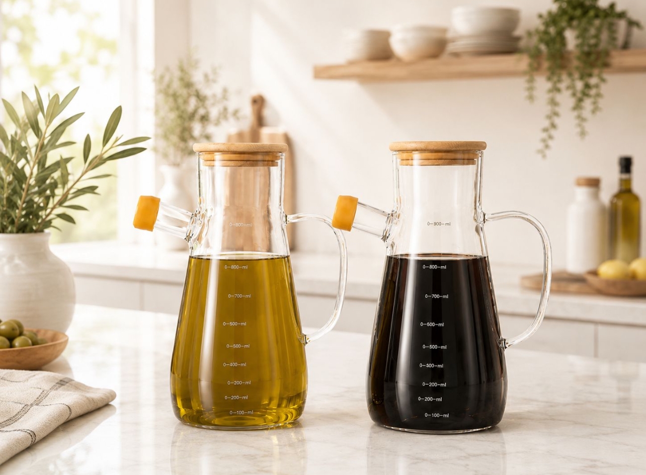 ACEITERA DE VIDRIO BOROSILICATO 900ML CON TAPA DE BAMBÚ Y PICO ANTIDERRAME - 4