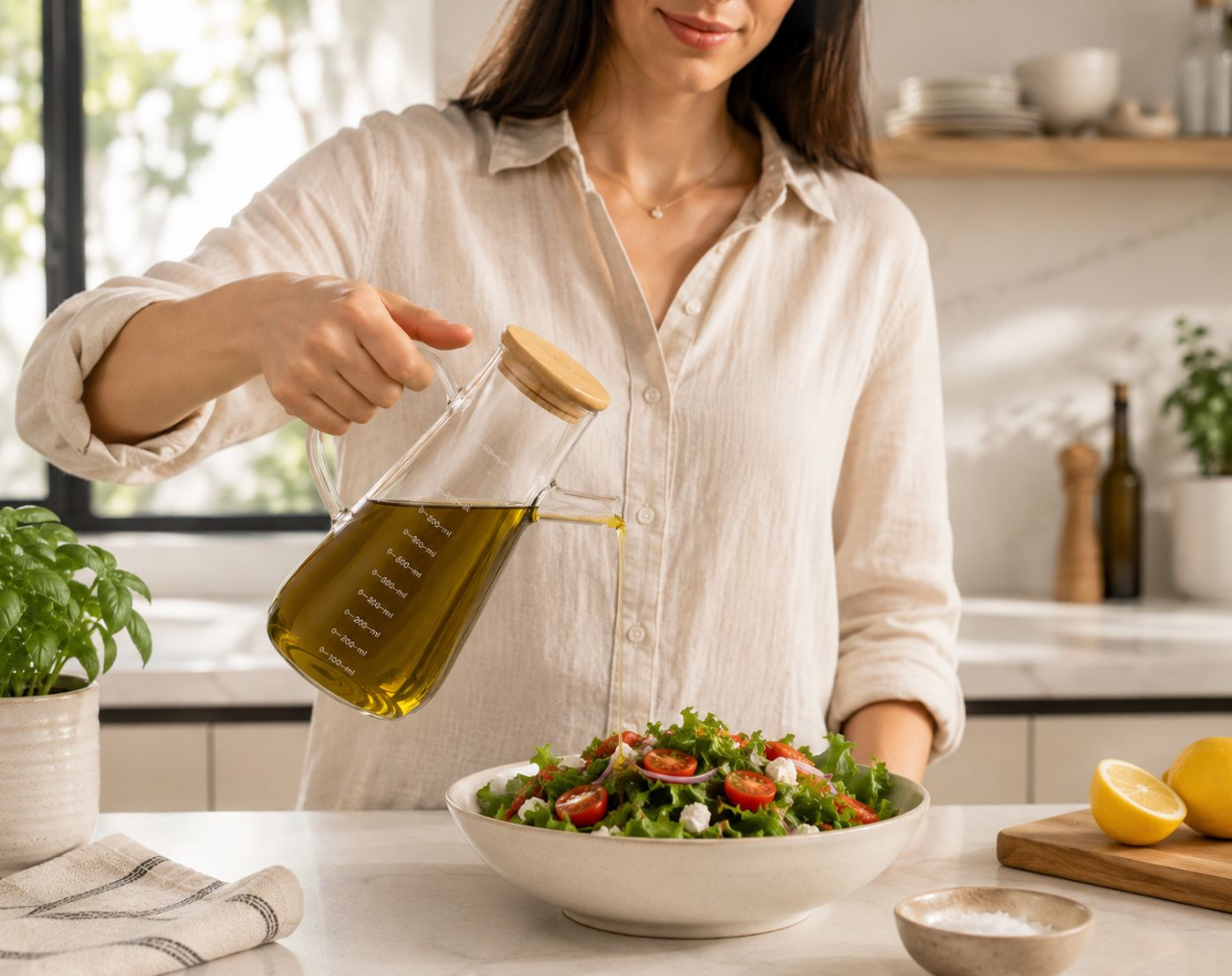 ACEITERA DE VIDRIO BOROSILICATO 900ML CON TAPA DE BAMBÚ Y PICO ANTIDERRAME - 5