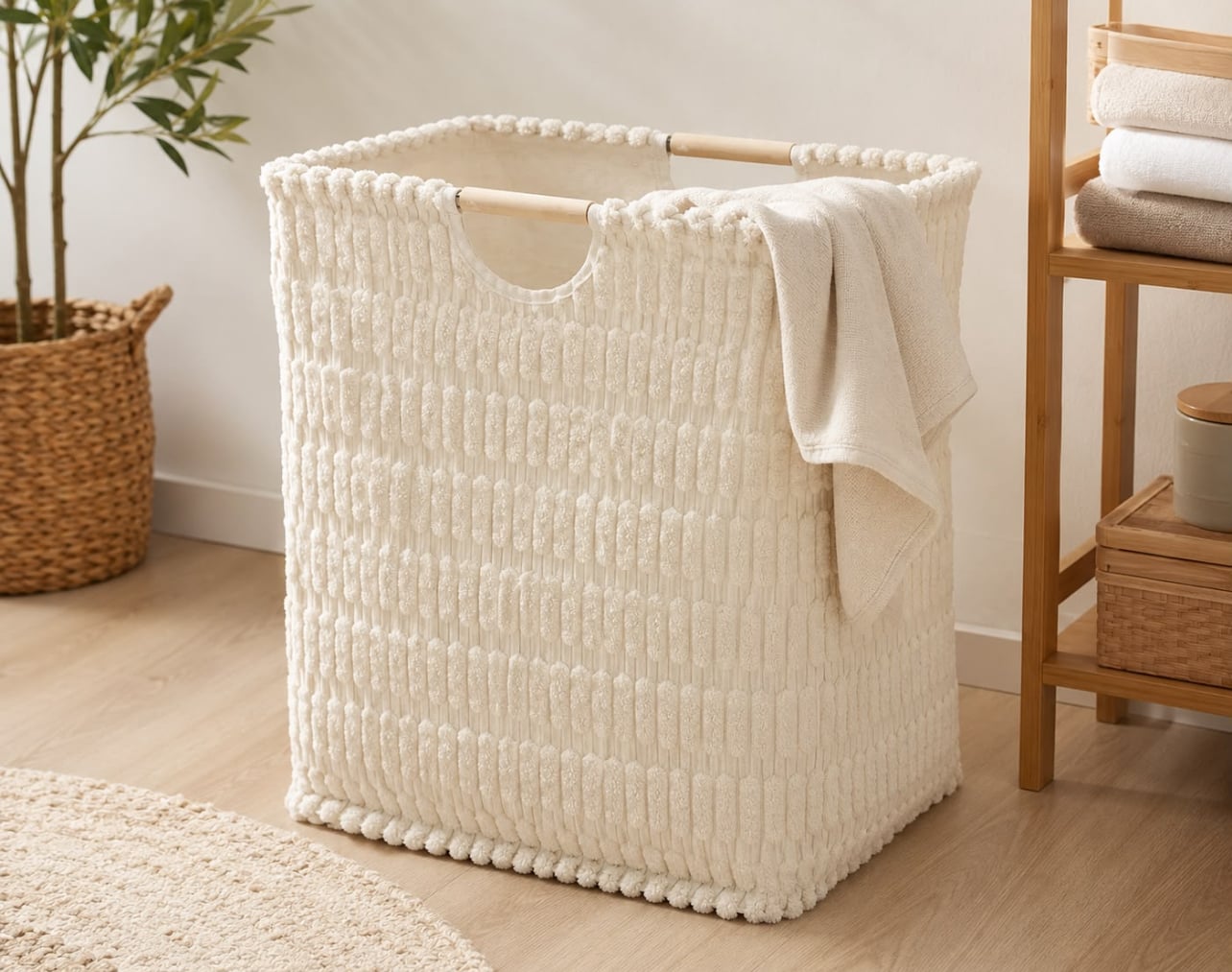CESTO PARA ROPA SUCIA DE FELPA GRUESA CON INTERIOR LAMINADO Y ASAS DE MADERA - 1
