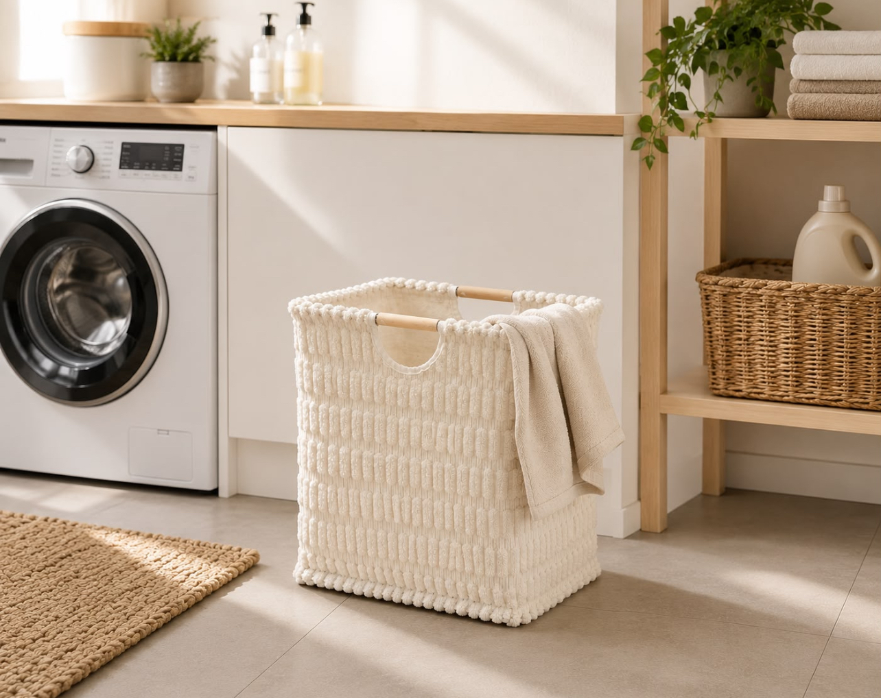 CESTO PARA ROPA SUCIA DE FELPA GRUESA CON INTERIOR LAMINADO Y ASAS DE MADERA - 2