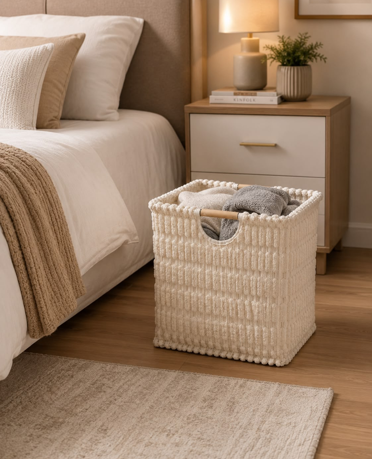 CESTO PARA ROPA SUCIA DE FELPA GRUESA CON INTERIOR LAMINADO Y ASAS DE MADERA - 3