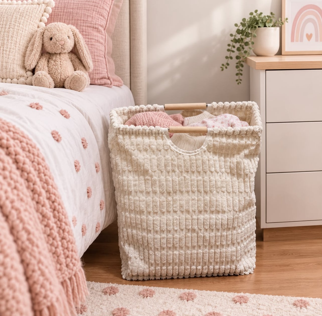 CESTO PARA ROPA SUCIA DE FELPA GRUESA CON INTERIOR LAMINADO Y ASAS DE MADERA - 4