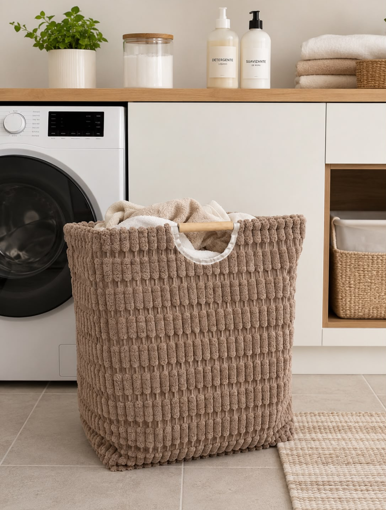 CESTO PARA ROPA SUCIA DE FELPA GRUESA CON INTERIOR LAMINADO Y ASAS DE MADERA - 6