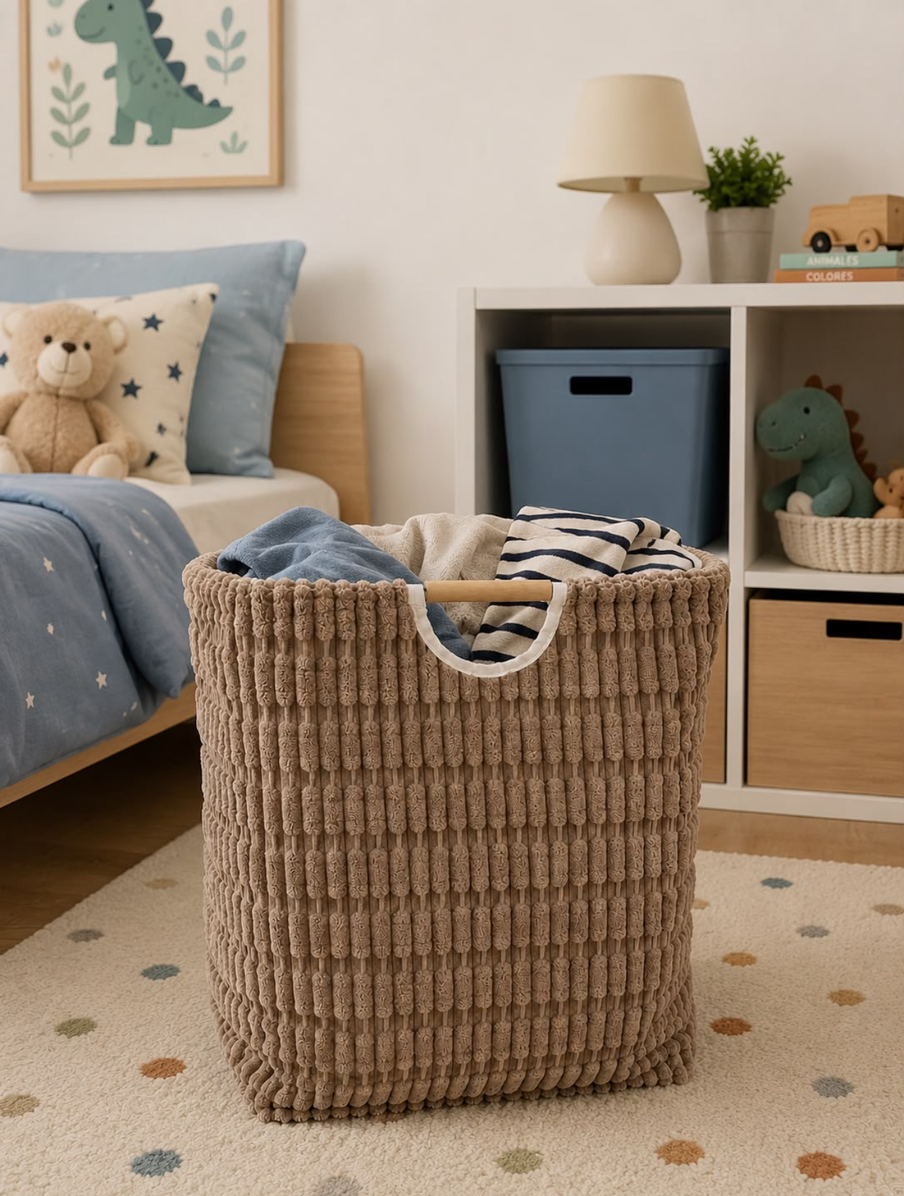 CESTO PARA ROPA SUCIA DE FELPA GRUESA CON INTERIOR LAMINADO Y ASAS DE MADERA - 7