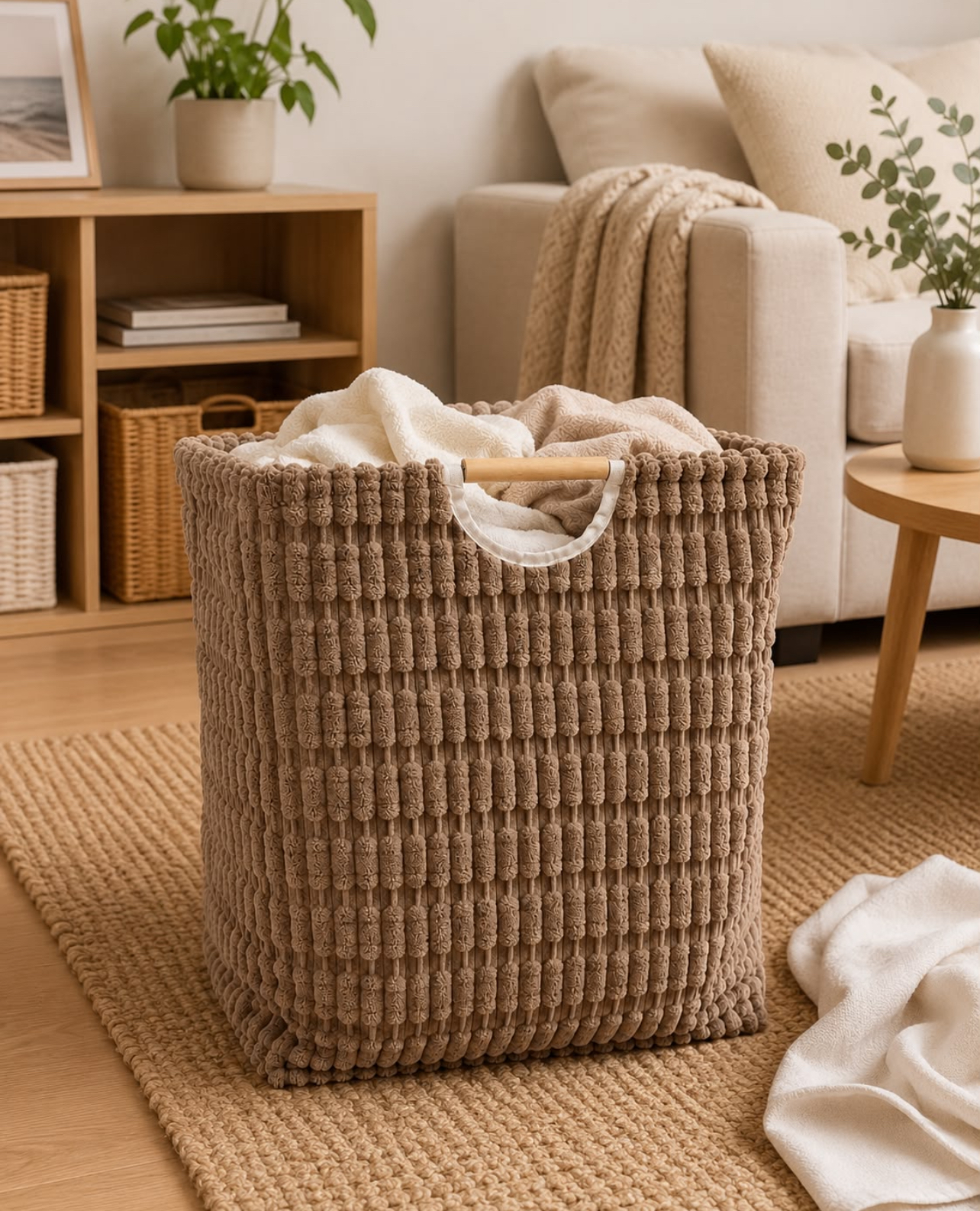 CESTO PARA ROPA SUCIA DE FELPA GRUESA CON INTERIOR LAMINADO Y ASAS DE MADERA - 8