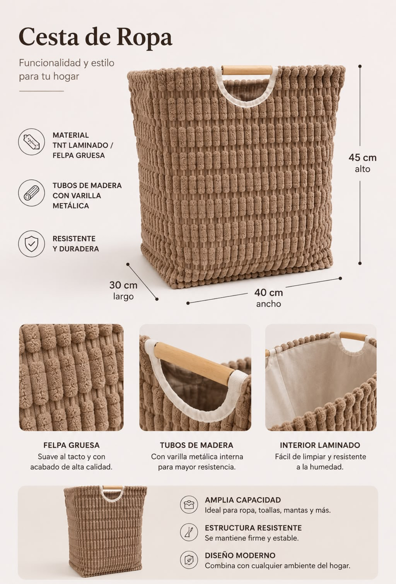 CESTO PARA ROPA SUCIA DE FELPA GRUESA CON INTERIOR LAMINADO Y ASAS DE MADERA - 9
