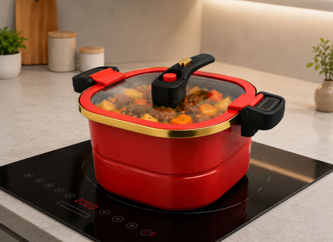 OLLA A PRESIÓN CUADRADA CON TAPA DE VIDRIO BOROSILICATO Y REJILLA INTERIOR - 1
