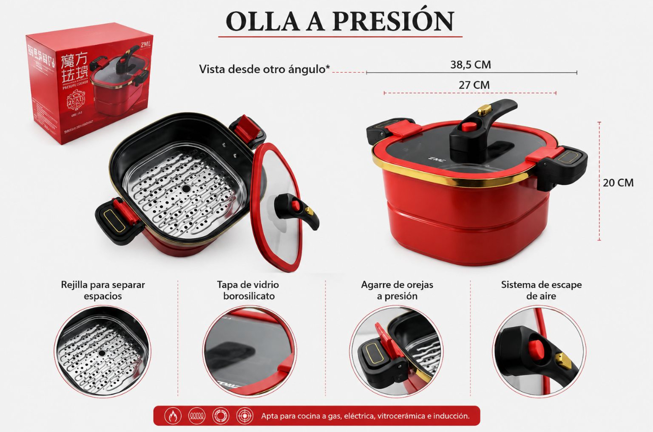 OLLA A PRESIÓN CUADRADA CON TAPA DE VIDRIO BOROSILICATO Y REJILLA INTERIOR - 6